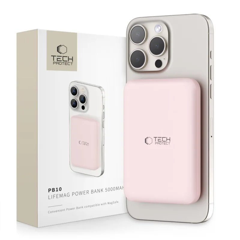 Powerbanka Tech-Protect LifeMag PB10 s portom MagSafe 5000mAh 15W USB-C – ružový + kábel USB-C