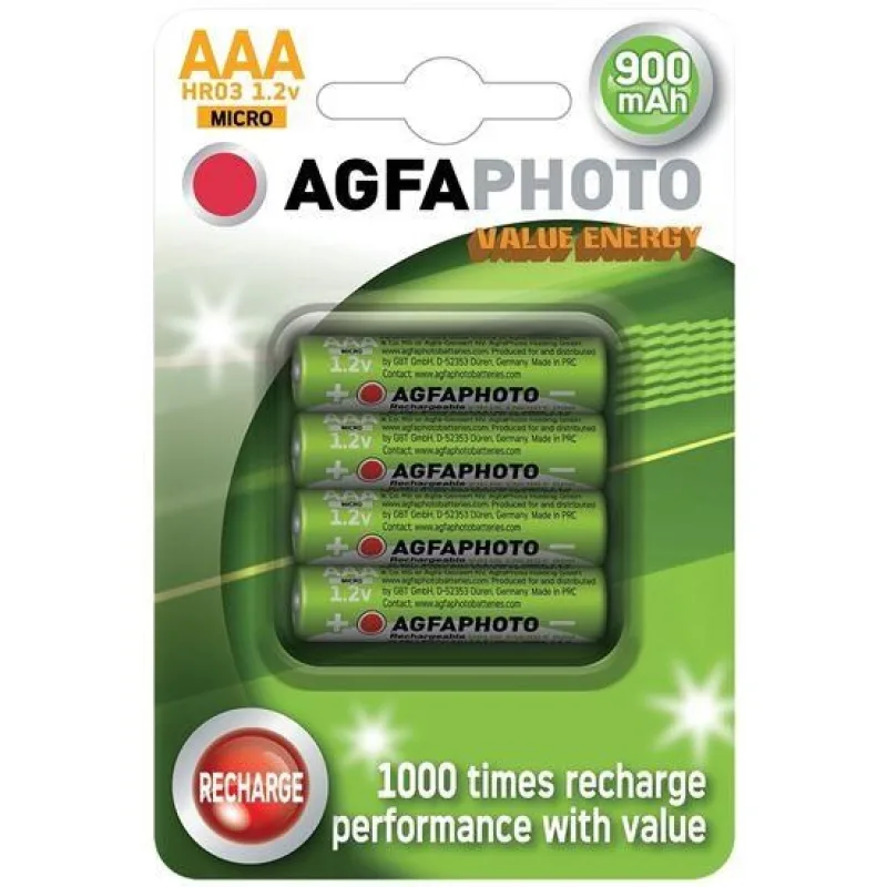 AgfaPhoto nabíjecí NiMH baterie AAA, 900mAh, blistr 4ks AP-HR03900VE-4B