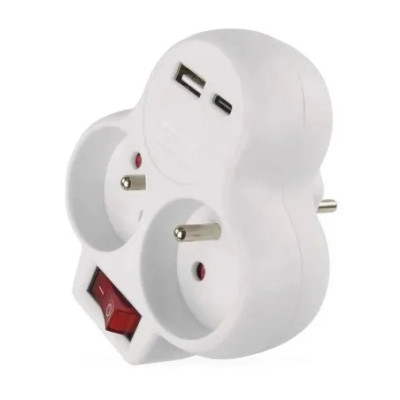 EMOS Rozbočovacia zásuvka 2×, vypínač., 1×USB-A+1×USB-C, biela