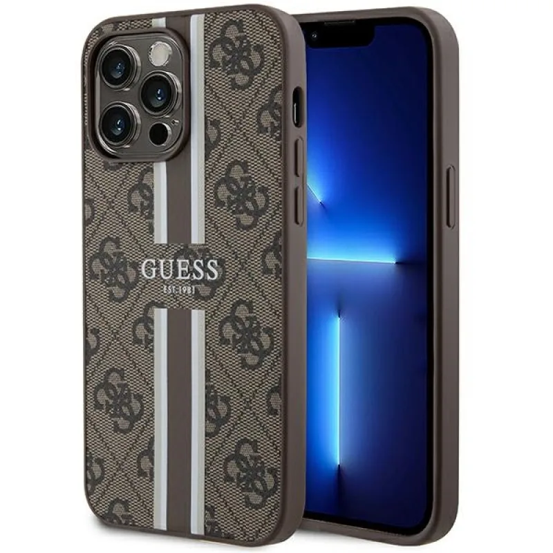 Guess 4G Printed Stripes MagSafe puzdro pre iPhone 15 Pro Max - hnedé