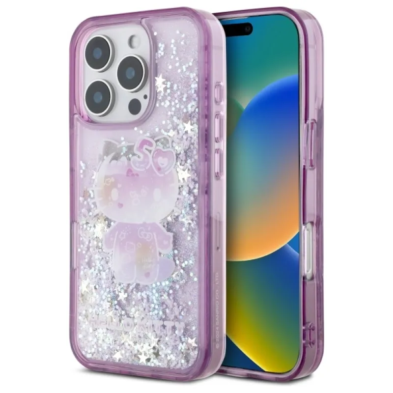 Puzdro Hello Kitty Liquid Glitter 50TH Anniversary Party na iPhone 16 Pro Max – fialové