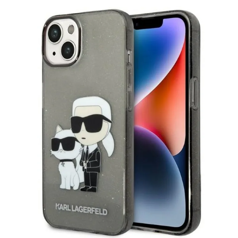 Obal Karl Lagerfeld Glitter Karl&Choupette pre iPhone 14 Plus - čierny