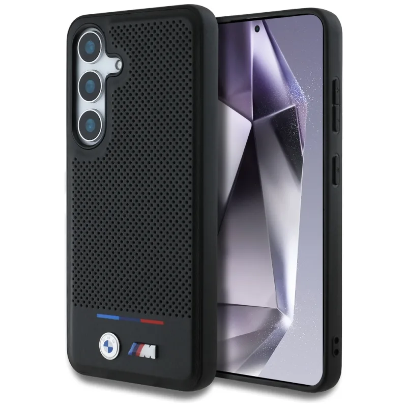 BMW kožené puzdro Tricolor Stripe MagSafe pre Samsung Galaxy S25+ - čierne