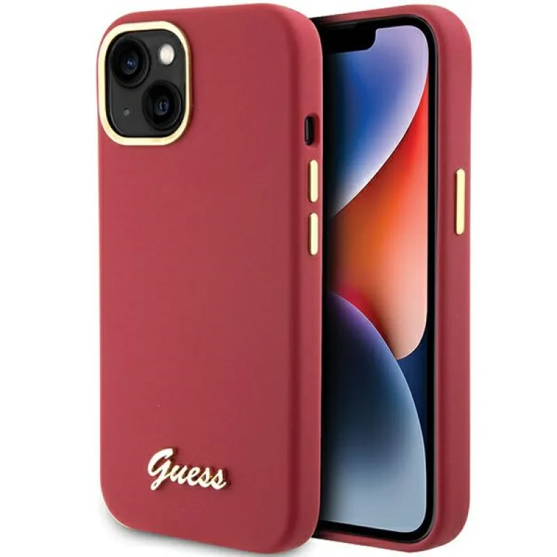 Guess Silicone Script Metal Logo & Frame puzdro pre iPhone 15 - červené