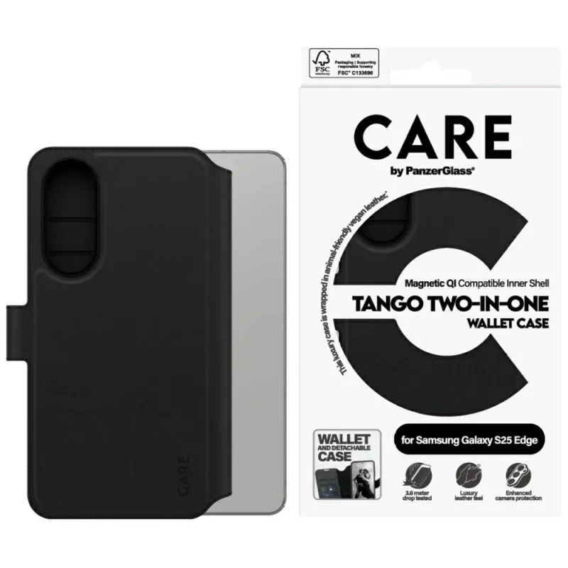 CARE by PanzerGlass Feature Tango 2v1 peňaženkové puzdro Qi pre Samsung Galaxy S25 Edge – čierne