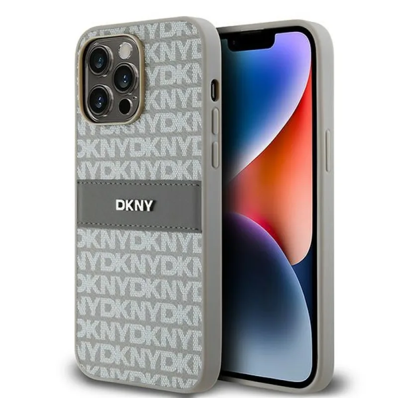 Obal DKNY Leather Mono Stripe & Metal Logo pre iPhone 14 Pro - béžový