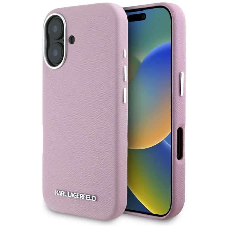 Karl Lagerfeld Saffiano celé zabalené predĺžené kovové logo MagSafe iPhone 16 puzdro – ružové