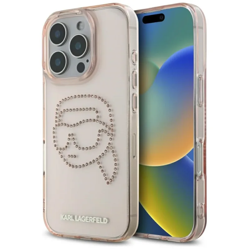 Kryt Karl Lagerfeld IML Rhinestones Karl Head pre iPhone 16 Pro Pink