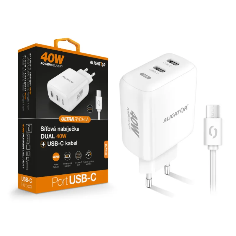 Múdra sieťová nabíjačka ALIGATOR Power Delivery 40W, 2xUSB-C, USB-C/ USB…