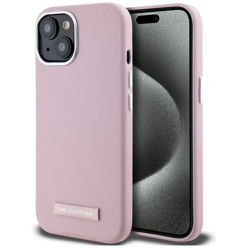 Karl Lagerfeld FW kovový kryt MagSafe iPhone 15 – ružový