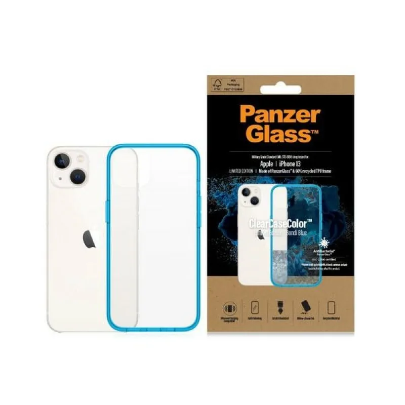 Antibakteriálne puzdro PanzerGlass ClearCase s certifikátom Military Grade pre iPhone 13 / 14 / 15 - transparentné modré