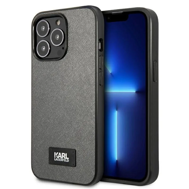 Kryt Karl Lagerfeld Saffiano Plaque pre iPhone 13 Pro Max 6,7" – strieborný