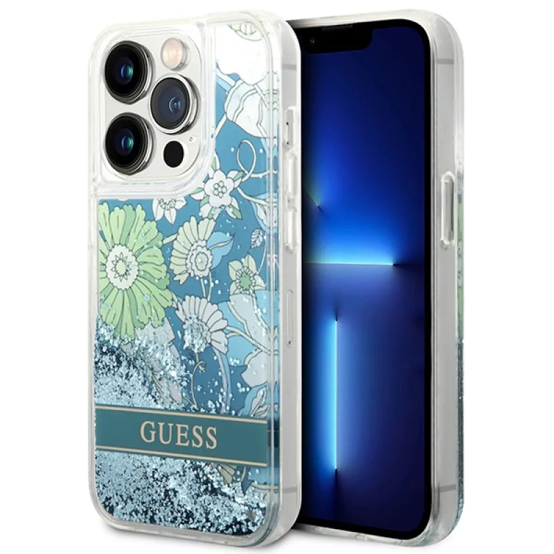 Guess GUHCP14LLFLSN iPhone 14 Pro 6,1" zeleno-zelené pevné puzdro Flower Liquid Glitter