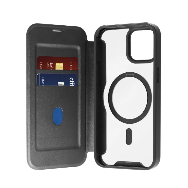 Kožené puzdro Puro Book Mag MagSafe s chlopňou a slotom na kartu pre iPhone 16 Plus - čierne