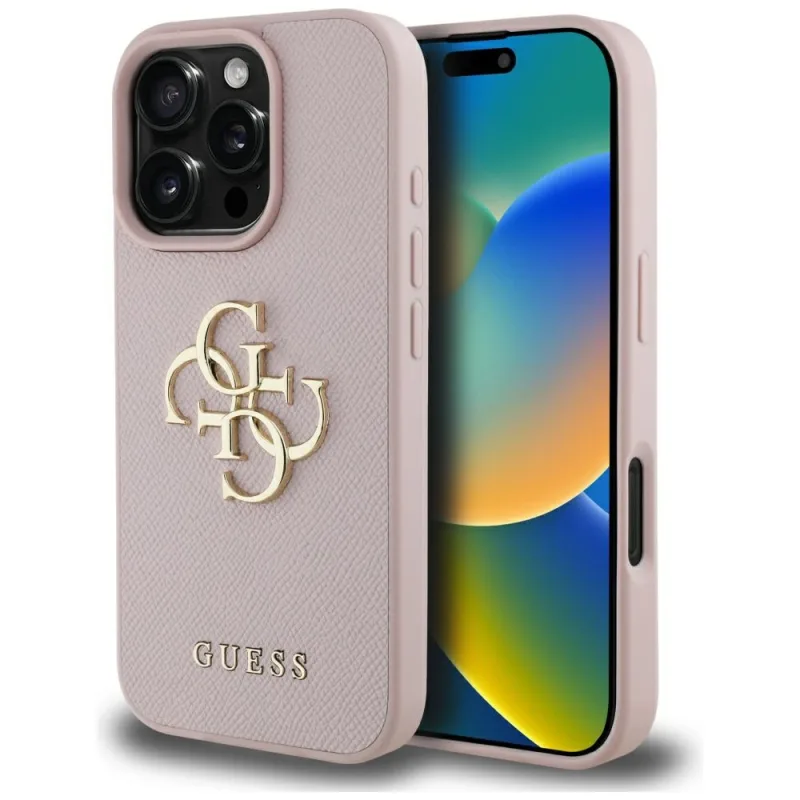 Guess Grained Big 4G Logo Small Classic Logo Case pre iPhone 16 Pro – ružové