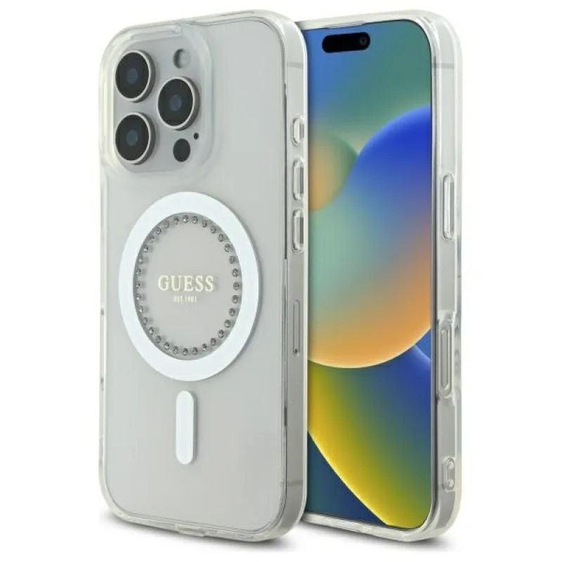 Guess IML Rhinestones MagSafe Case pre iPhone 16 Pro Max – biely