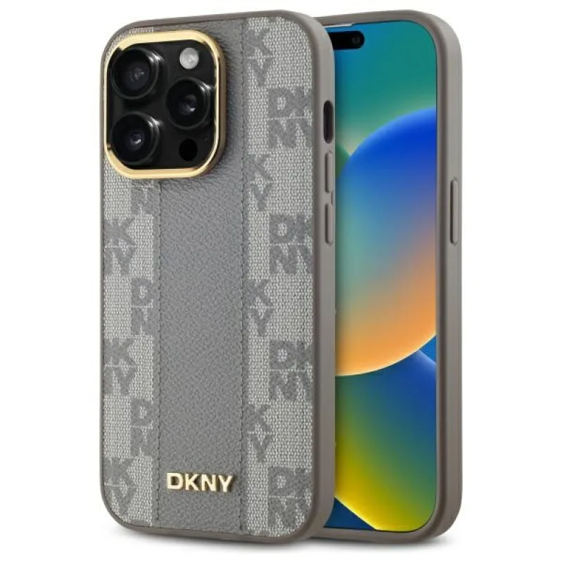 Kožené puzdro DKNY s kockovaným mono vzorom MagSafe iPhone 14 Pro – béžové
