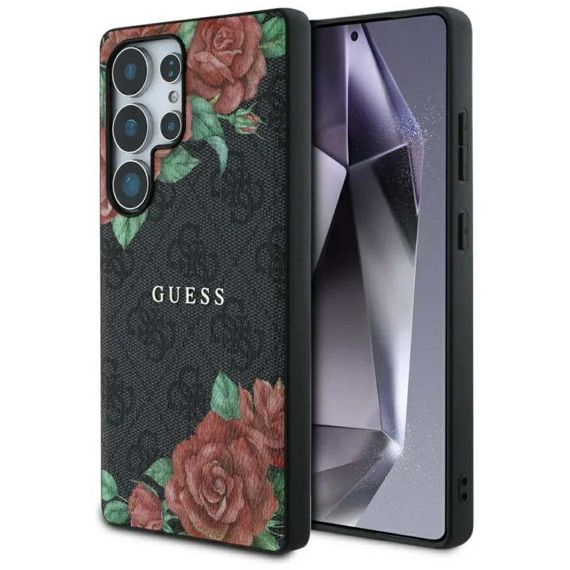Guess Leather 4G Flowers Print Metal Classic Logo MagSafe Case pre Samsung Galaxy S25 Ultra – čierne