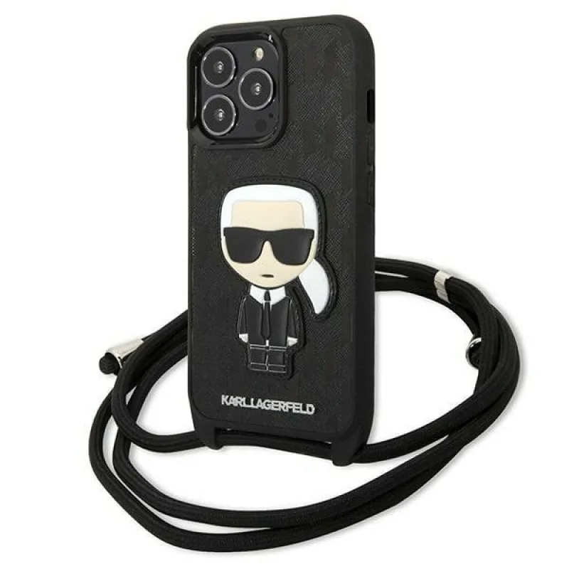 Kožené puzdro Karl Lagerfeld s monogramom a šnúrkou Iconik pre iPhone 13 Pro / 13 – čierne