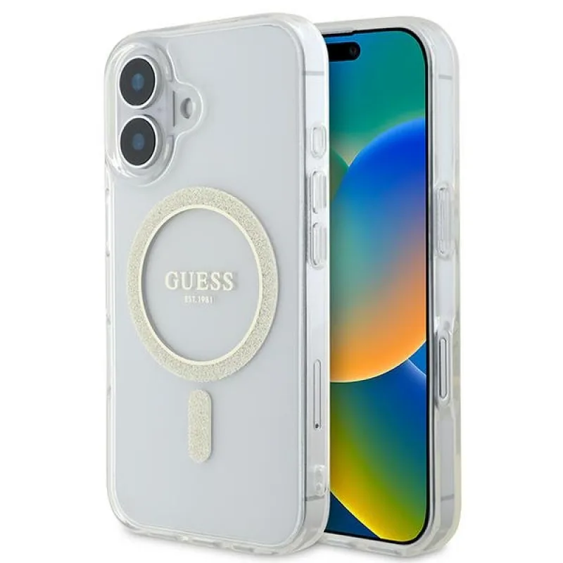 Puzdro Guess IML Glitter Circle MagSafe na iPhone 16 – priehľadné