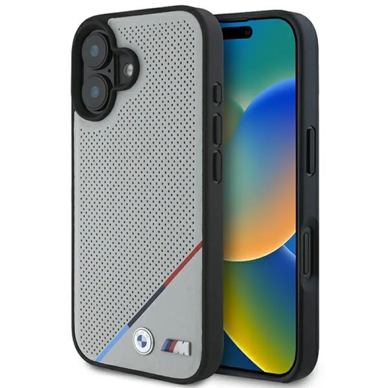 BMW M Perforated Tricolor Line MagSafe iPhone 16 Case – Grey