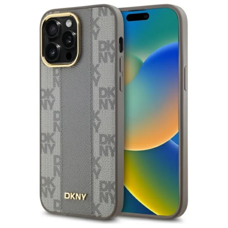 Kožené puzdro DKNY s kockovaným mono vzorom MagSafe iPhone 14 Pro Max – béžové