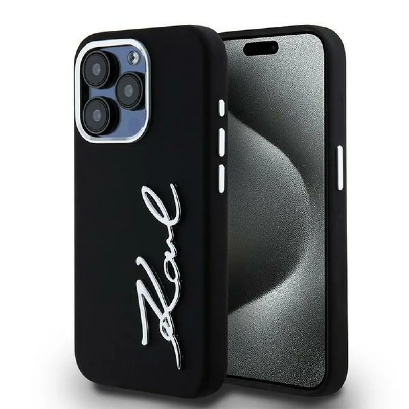 Karl Lagerfeld silikónové kovové Script Logo iPhone 15 Pro Max Case – čierne