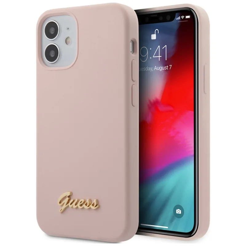 Guess GUHCP12SLSLMGLP iPhone 12 mini 5,4" svetloružové/svetloružové pevné puzdro Silicone Script Gold Logo