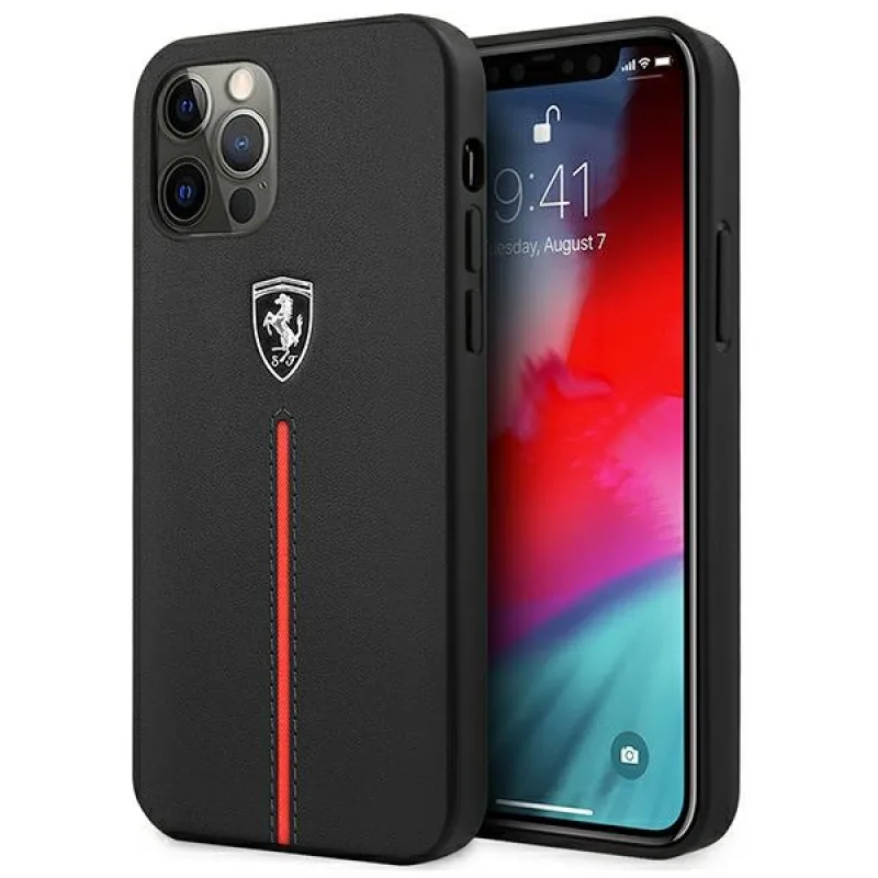 Ferrari FEOMSHCP12LBK iPhone 12 Pro Max čierne/čierne pevné puzdro Off Track Leather Nylon Stripe