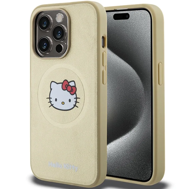 Kožené puzdro Hello Kitty Kitty Head MagSafe pre iPhone 15 Pro - zlaté