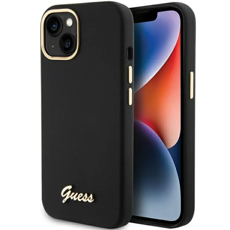 Guess Silicone Script Metal Logo & Frame puzdro pre iPhone 15 - čierne