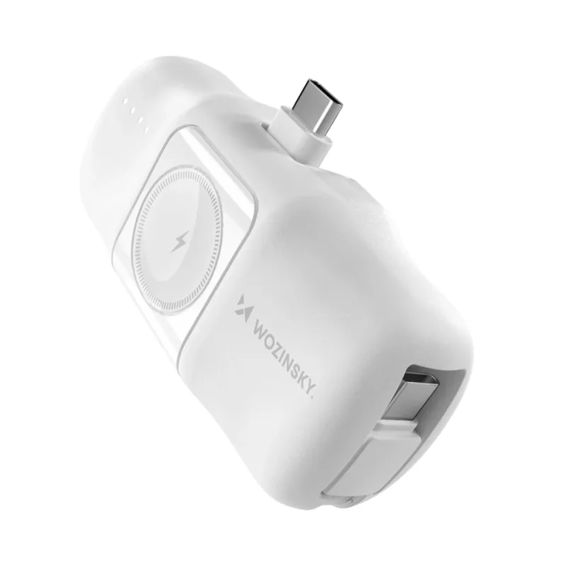 Wozinsky WF16-YCS 5000mAh 15W USB-C mini power banka so vstavaným USB-C káblom a nabíjačkou Apple Watch – biela