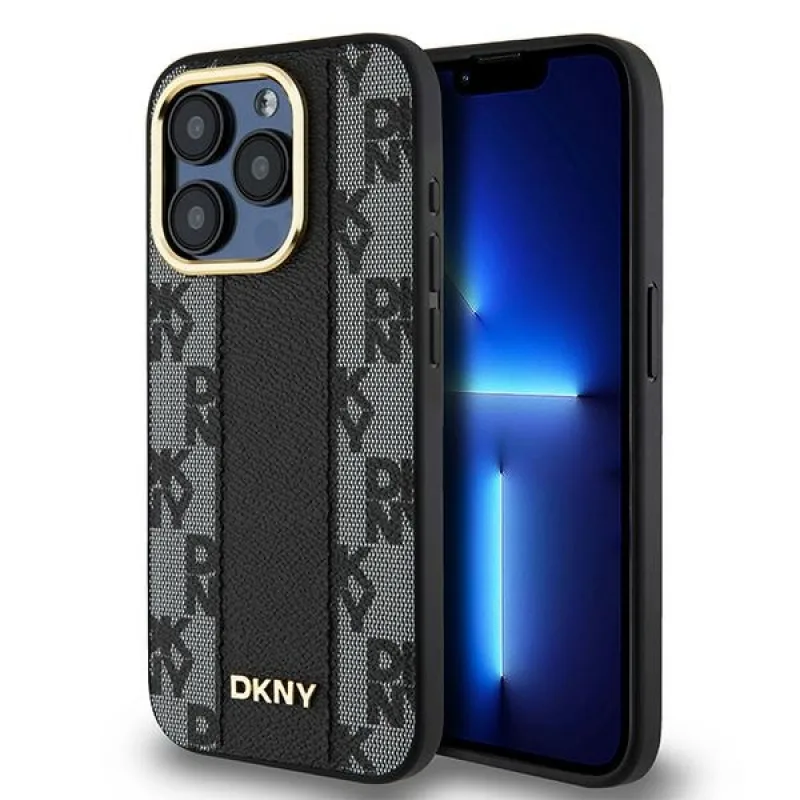 DKNY Leather Checkered Mono Pattern MagSafe puzdro pre iPhone 15 Pro - čierne