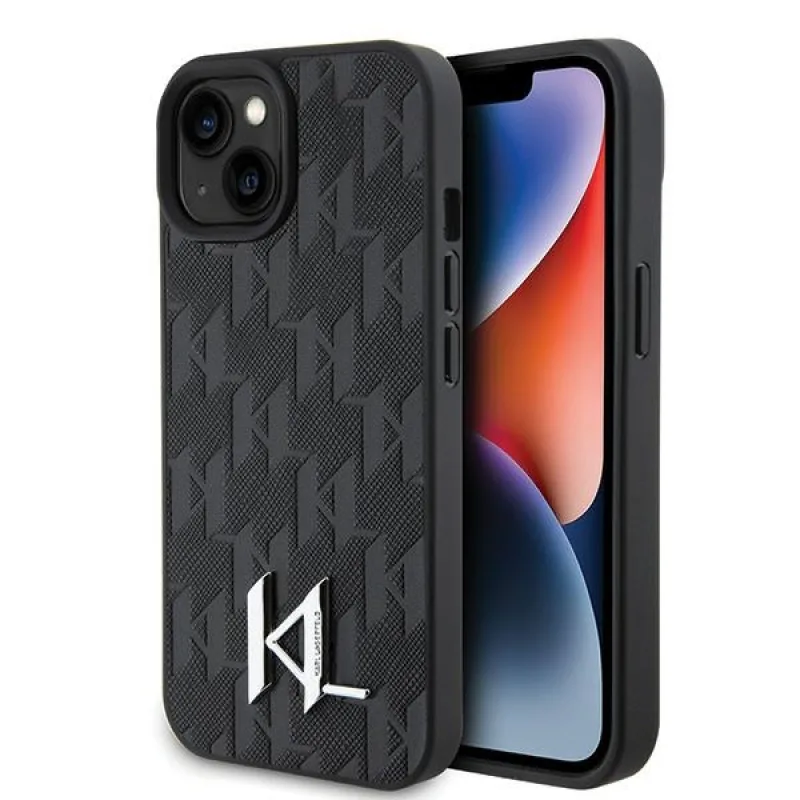 Karl Lagerfeld KLHCP15SPKLPKLK iPhone 15 / 14 / 13 6,1" čierne/čierne pevné puzdro Kožený monogram Hot Stamp Metal Logo