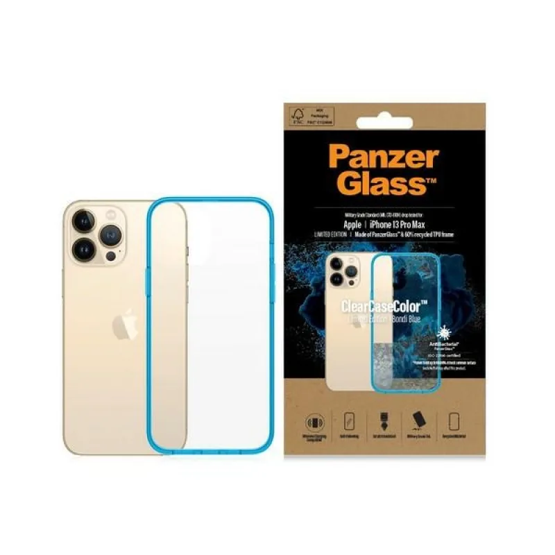 Antibakteriálne puzdro PanzerGlass ClearCase s certifikáciou Military Grade pre iPhone 13 Pro Max – priehľadné modré