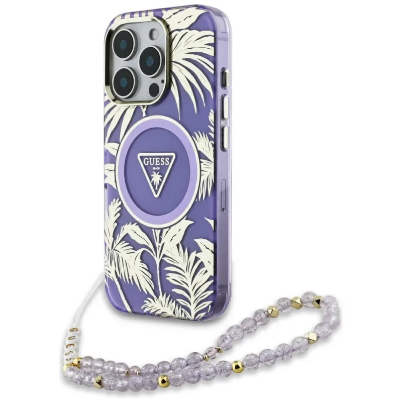 Guess Palm Trees Triangle Pearl Strap MagSafe Case pre iPhone 16 Pro Max Purple