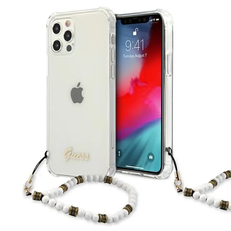 Priehľadné pevné puzdro Guess GUHCP12MKPSWH iPhone 12/12 Pro 6,1" biela perla
