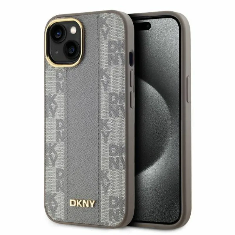 DKNY kožené kockované puzdro na iPhone 15 s mono vzorom MagSafe – béžové