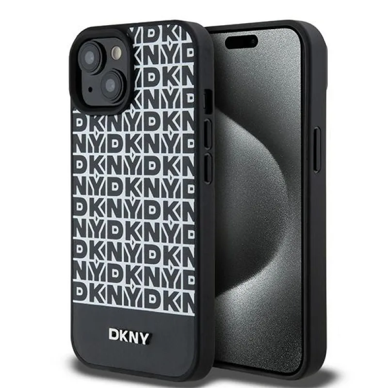 Kožené puzdro DKNY s potlačou kovového loga MagSafe pre iPhone 15/14/13 – čierne