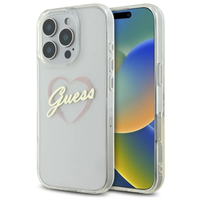 Puzdro Guess IML Heart pre iPhone 16 Pro – priehľadné
