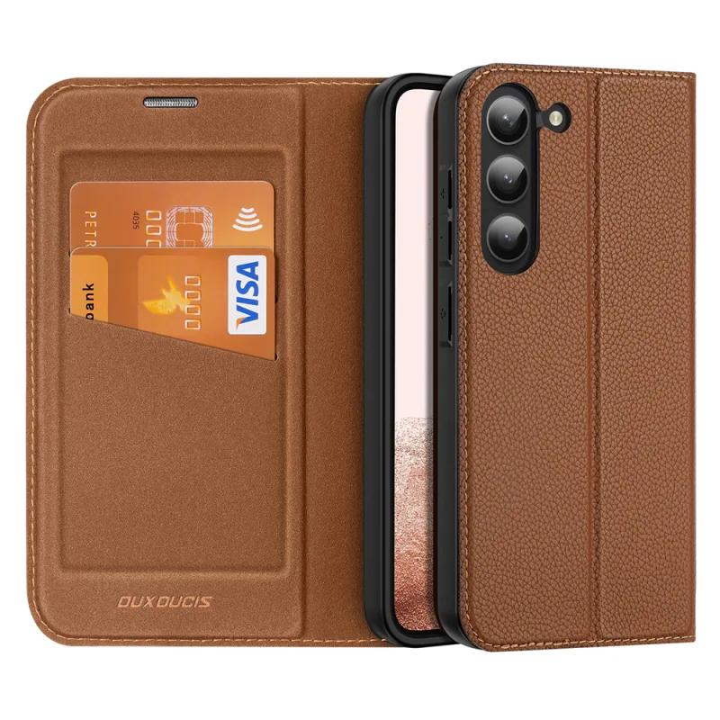 Puzdro Dux Ducis Skin X2 na flipové puzdro Samsung Galaxy S23+ stojan na peňaženku hnedé