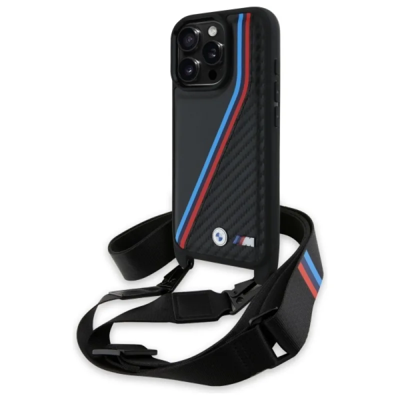 BMW M Edition Carbon Tricolor Lines & Strap Case pre iPhone 16 Pro Max – čierne