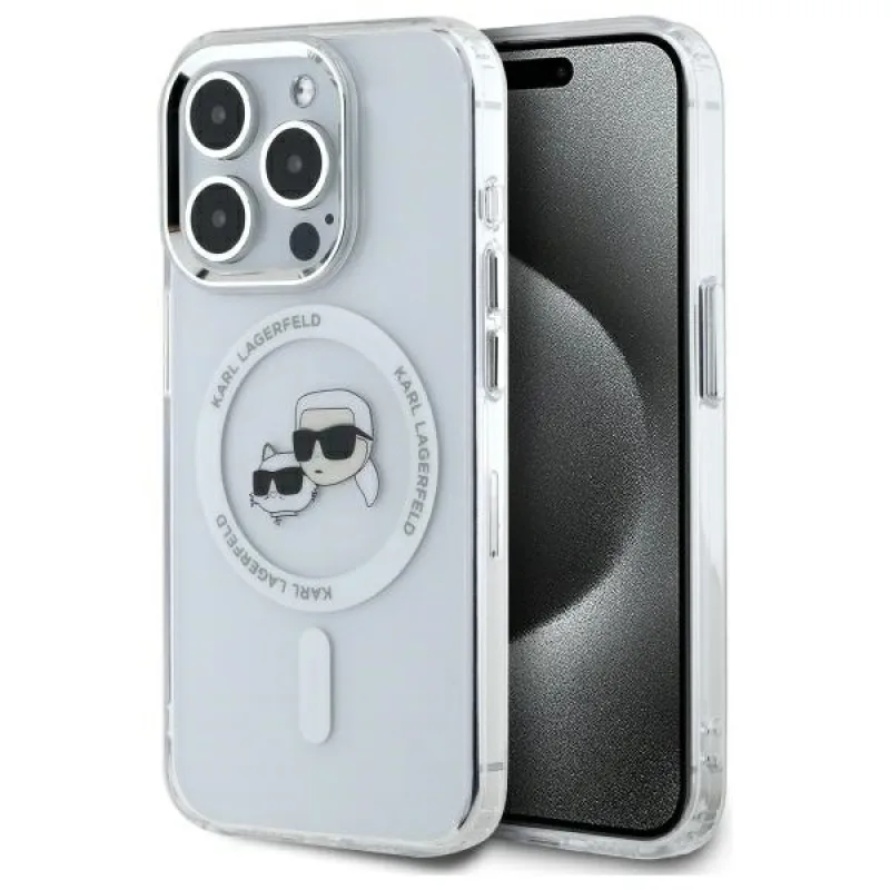 Karl Lagerfeld IML kovové puzdro Karl&Choupette Head MagSafe iPhone 15 Pro – biele