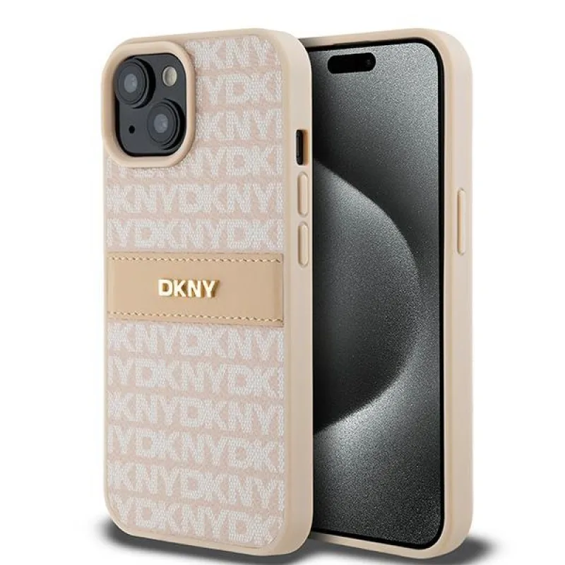 Kožené puzdro DKNY Mono Stripe & Metal Logo Case pre iPhone 15 Plus / 14 Plus – ružové