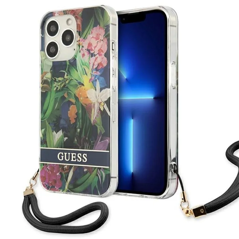 Guess GUHCP13LHFLSB iPhone 13 Pro / 13 6,1" modro/modré pevné puzdro Flower Strap