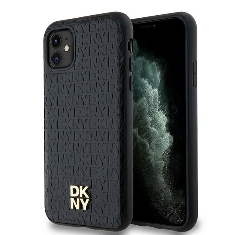 DKNY kožený monogramový vzor kovové logo MagSafe puzdro pre iPhone 11 / Xr - čierne