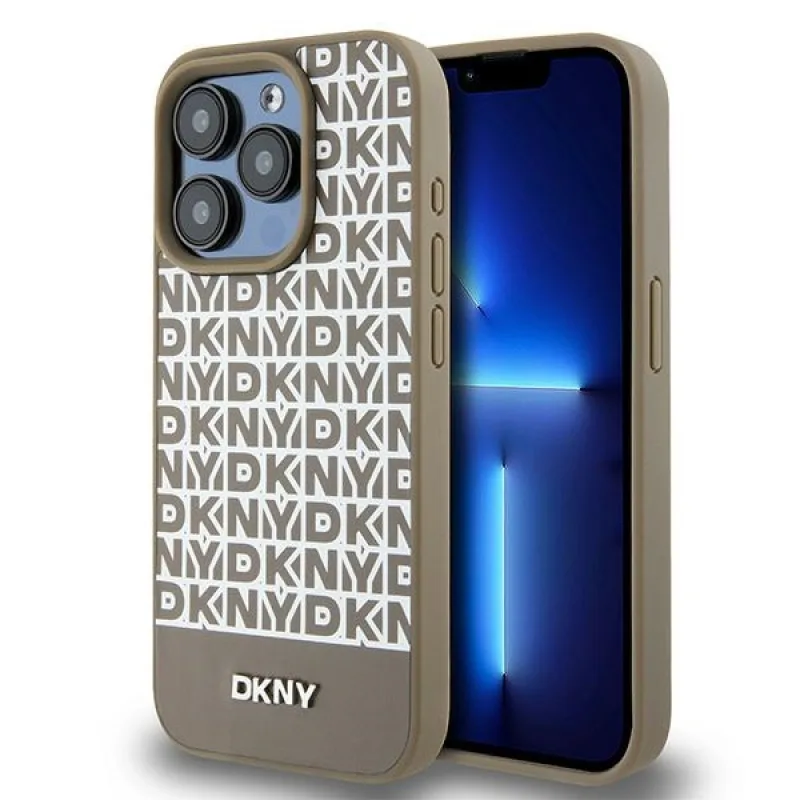 Kožené puzdro DKNY s potlačou kovového loga MagSafe pre iPhone 15 Pro Max – hnedé