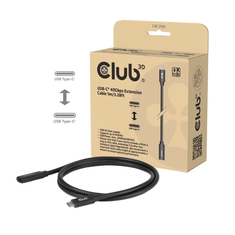 Club3D Prodlužovací kabel USB-C 8K60Hz, 40Gbps, Power Delivery 240W, …