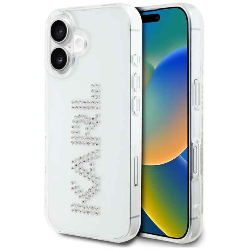 Kryt na iPhone 16 s logom Karl Lagerfeld IML Rhinestones – priehľadný