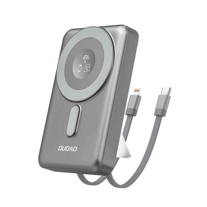 Dudao K29 10000mAh PD 20W Power Bank MagSafe s kovovým puzdrom, stojanom a vstavanými USB-C/Lightning káblami – sivá